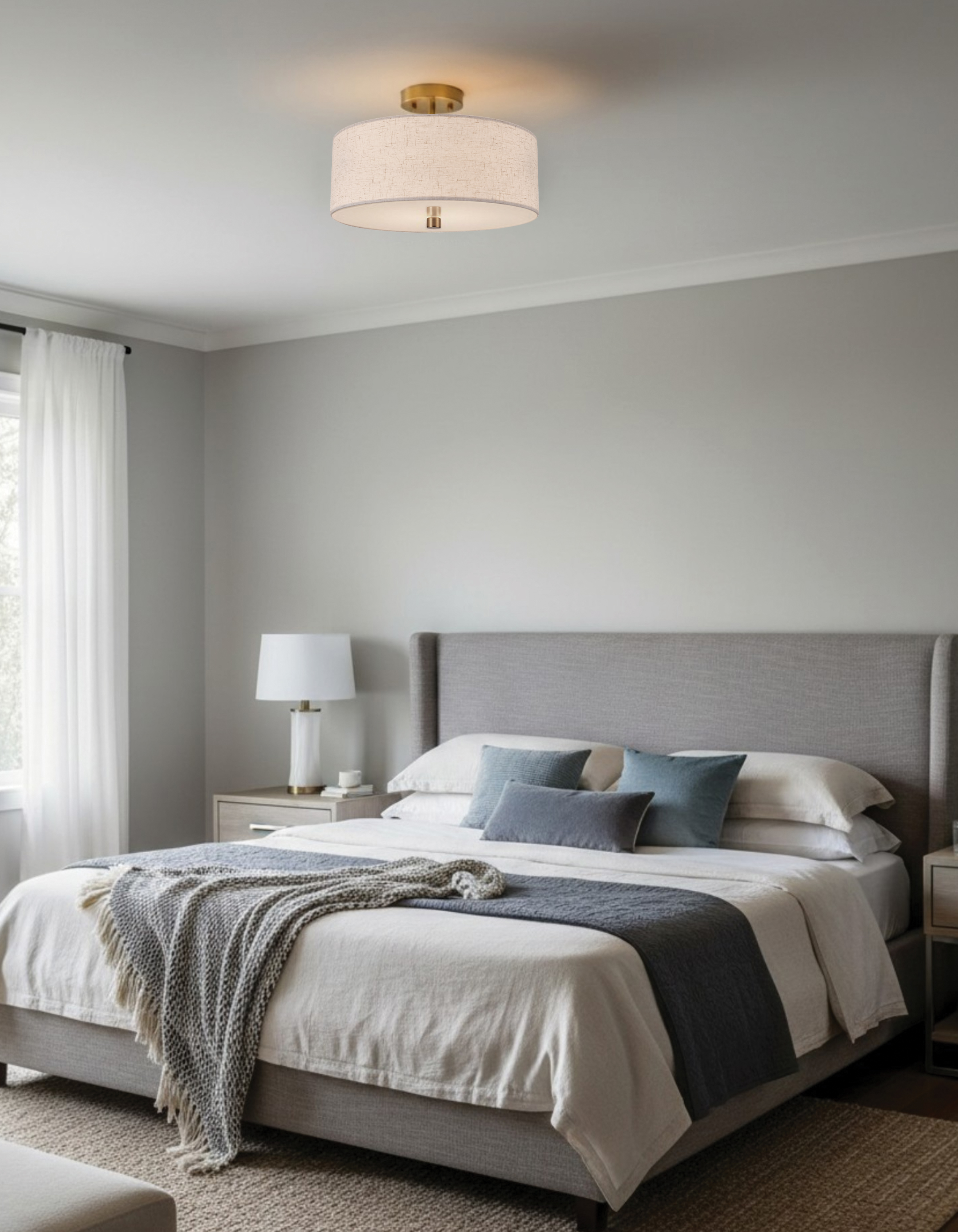 3LT Semi-Flush Mount, AGB w/ Flax Linen Shade