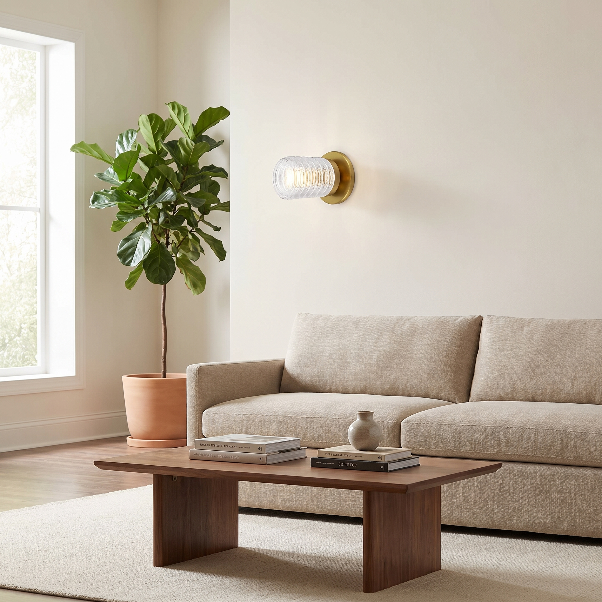 1LT Wall Sconce, AGB w/ CLR Ribbed Glass