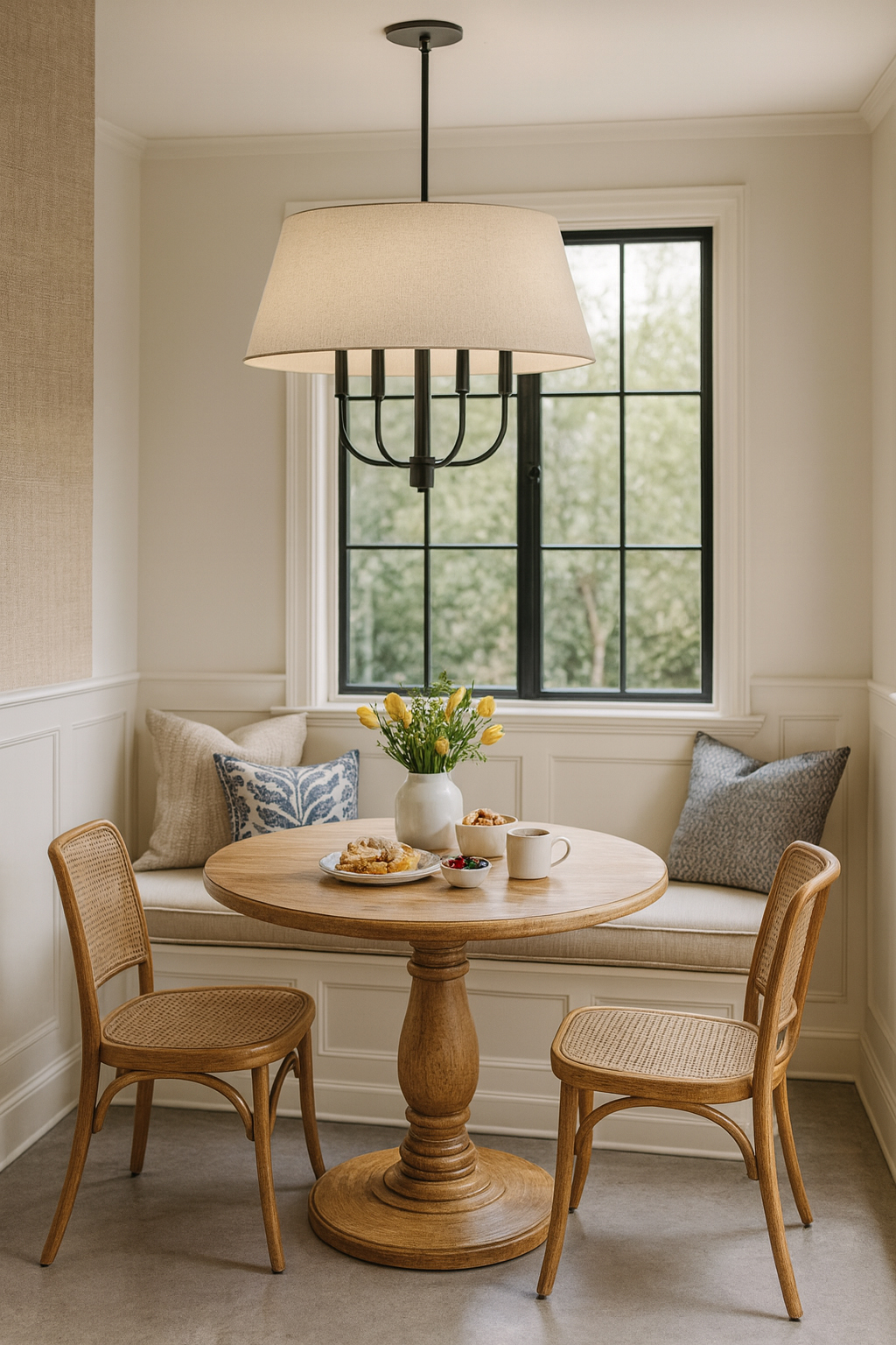 4LT Incandescent Chandelier, MB w/ WH Boucle Shade