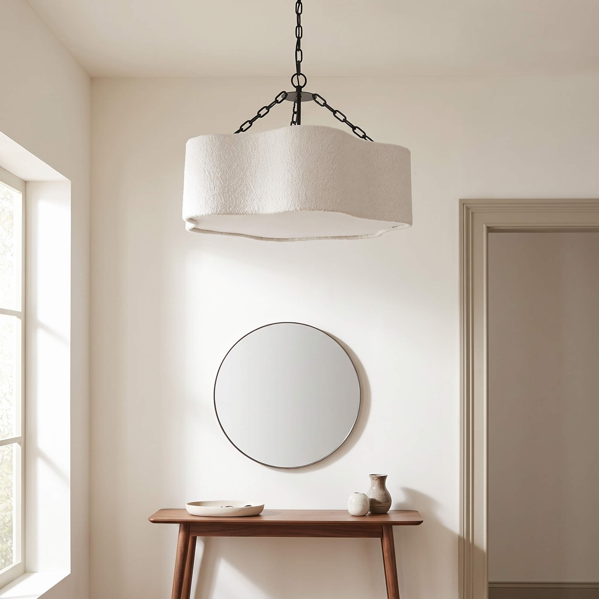 4LT Chandelier, MB w/ WH Boucle Shade