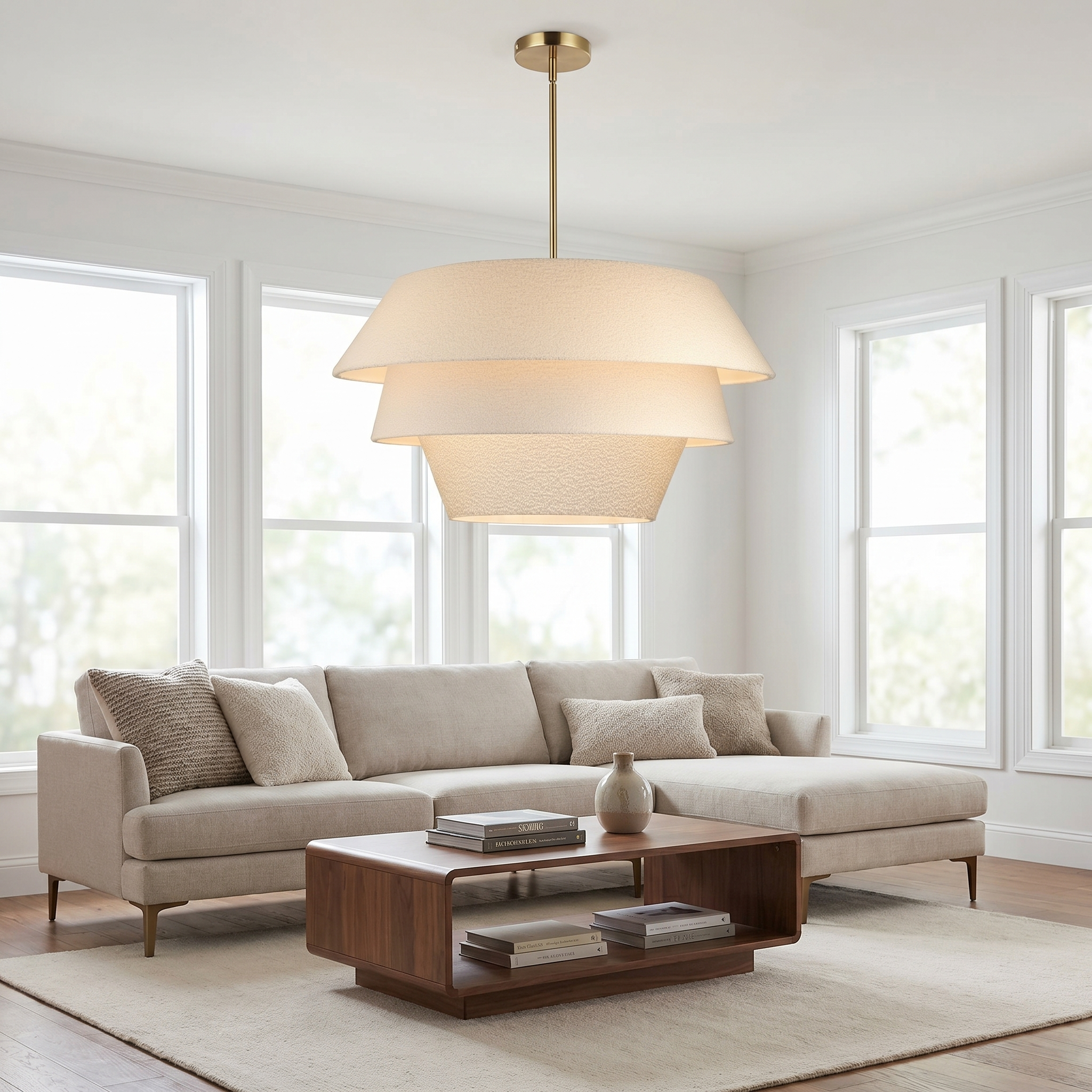 4LT 3-Tier Chandelier, AGB w/ WH Boucle Shade