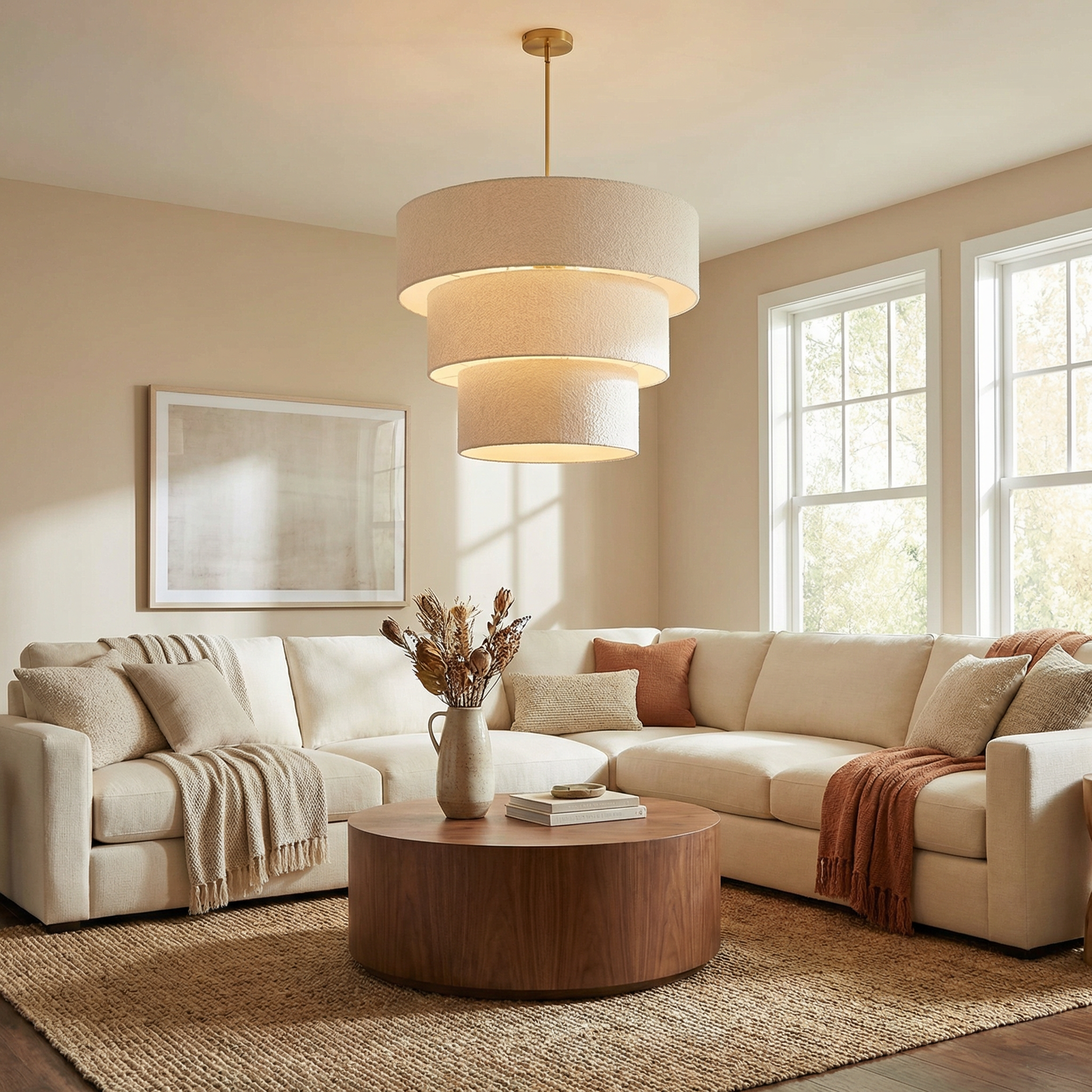 9LT Incandescent Pendant, AGB w/ WH Boucle Shades