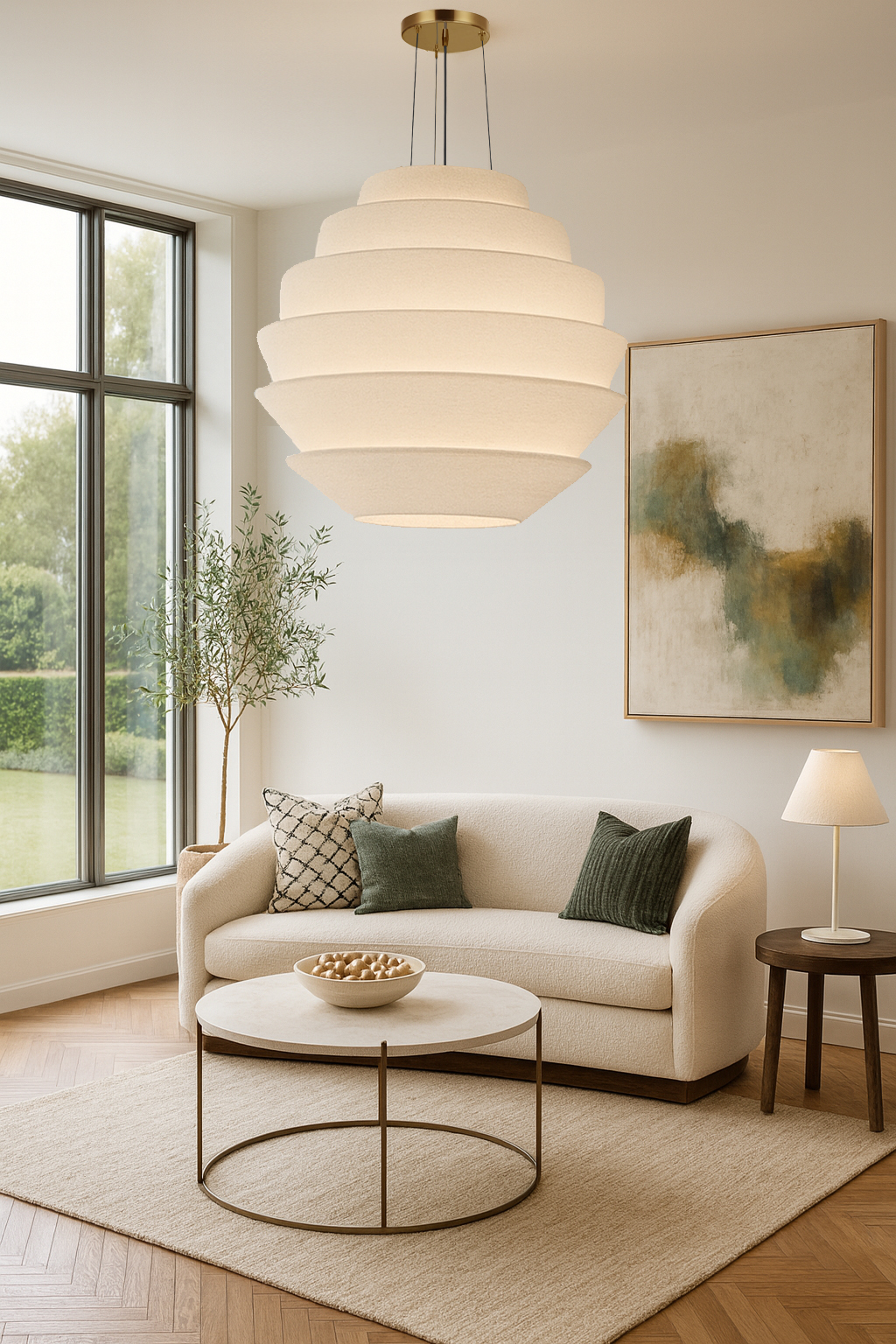 9LT Incandescent Pendant, AGB w/ WH Boucle Shades