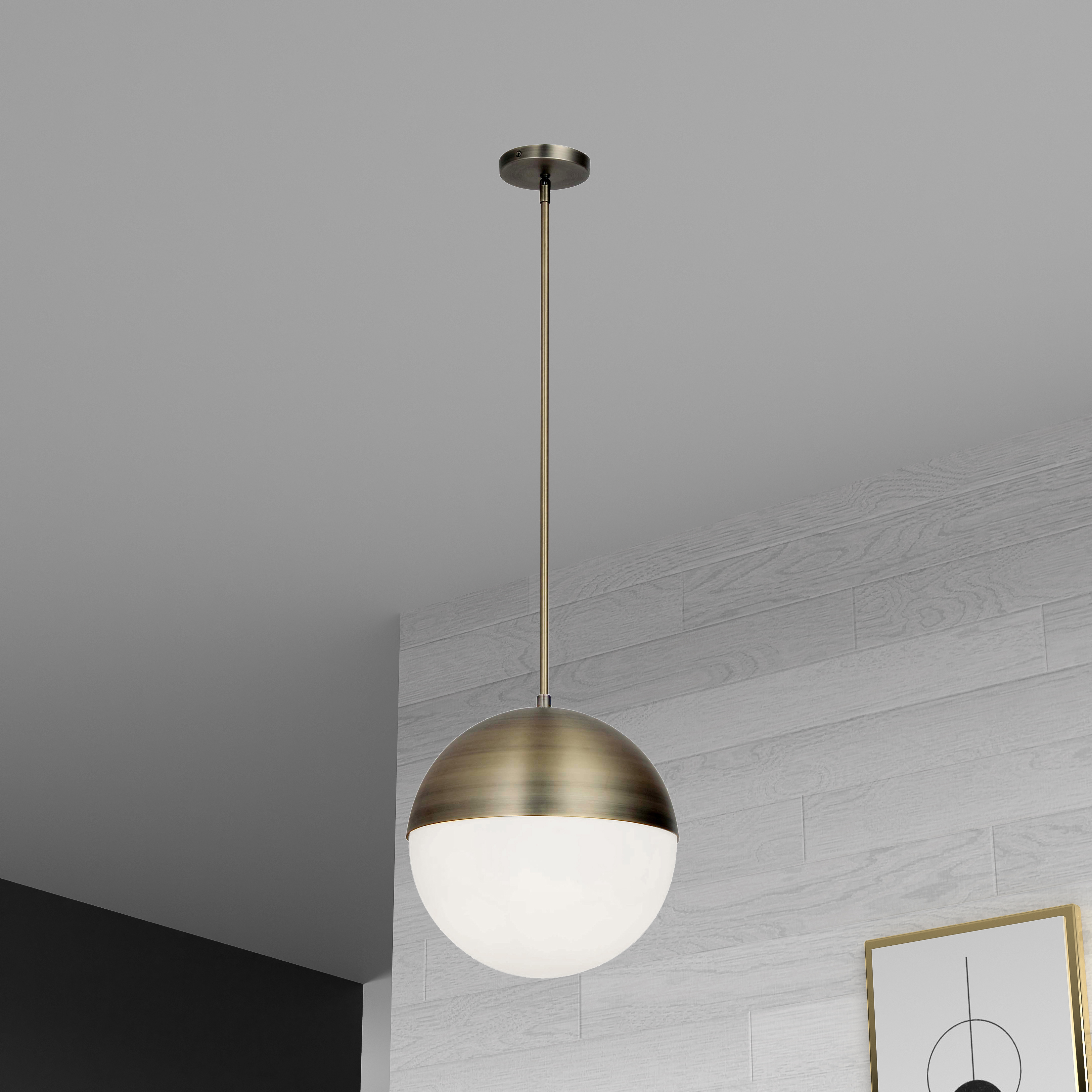 3LT Halogen Pendant, AB w/ WH Opal Glass