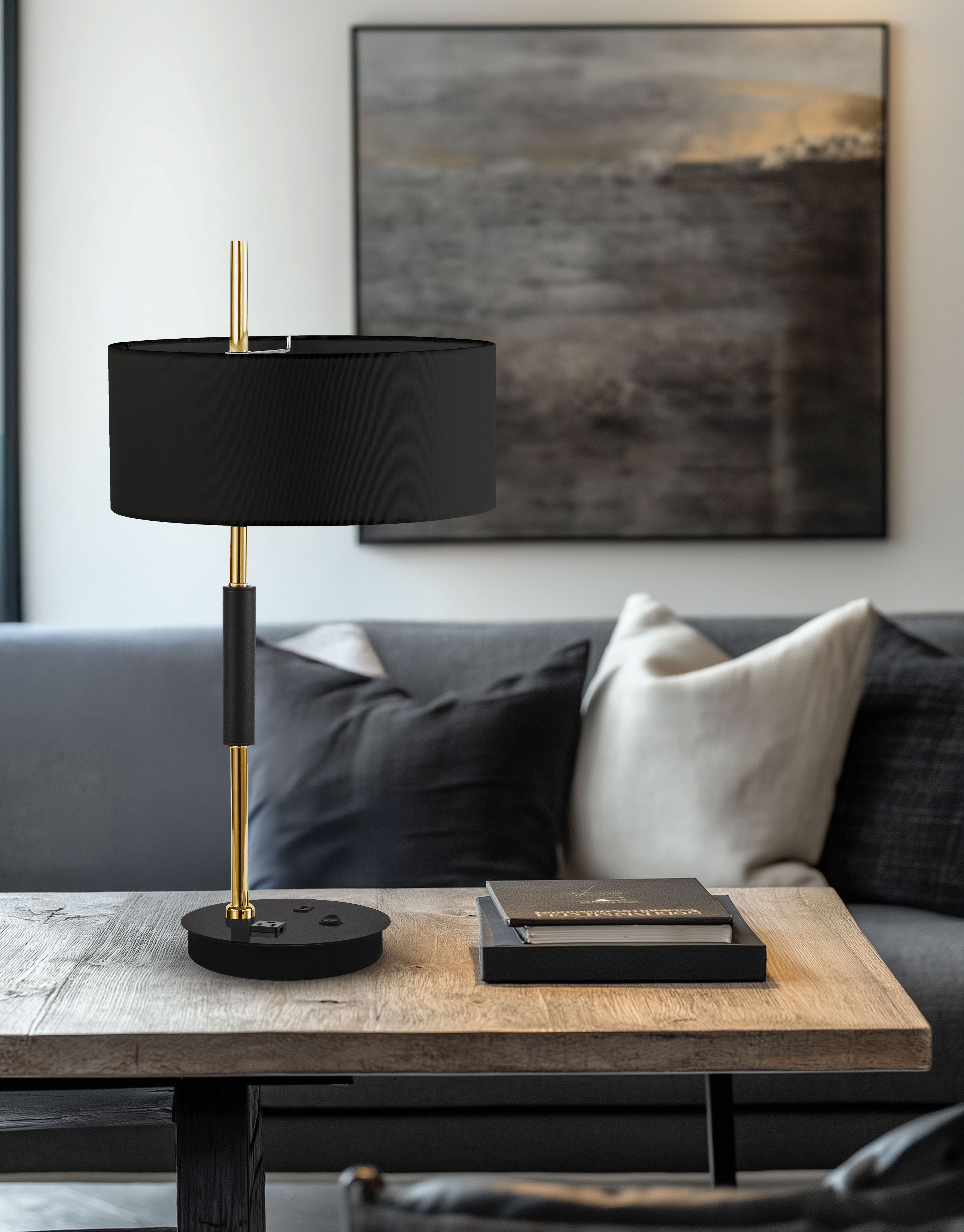 1LT Incandescent Table Lamp, MB & AGB w/ BK Shade