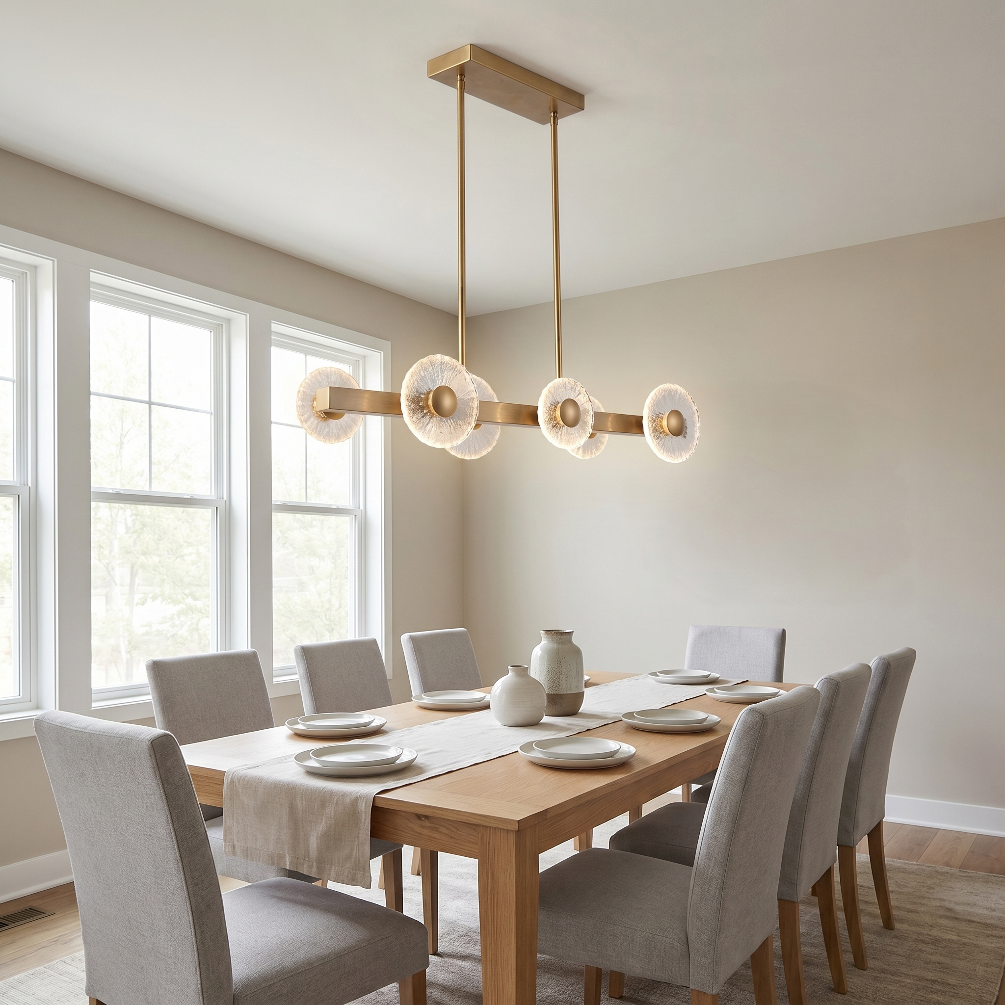 48W 5CCT Horiz Pendant, AGB w/ Clear Textured Glas