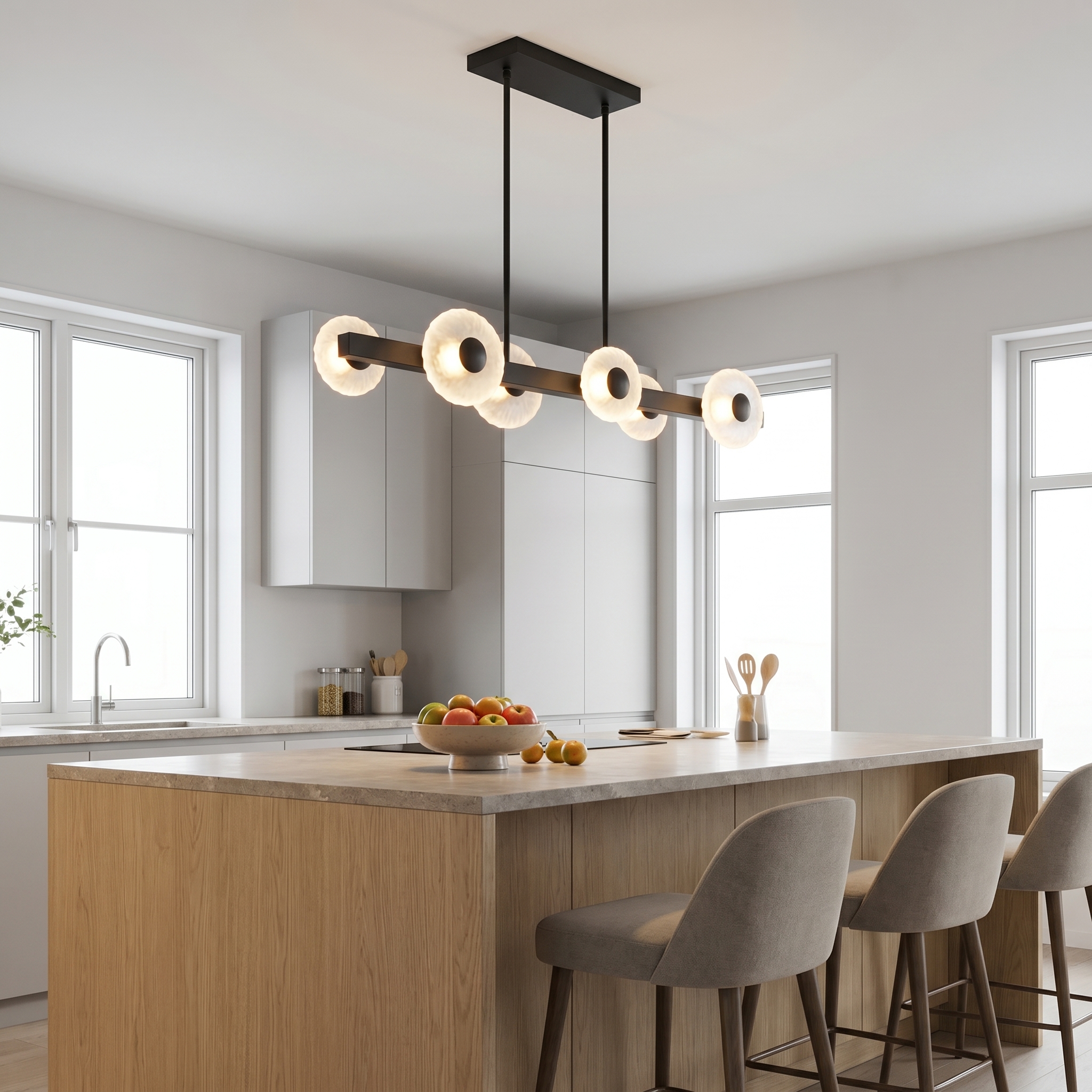48W 5CCT Horiz Pendant, MB w/ Clear Textured Glass