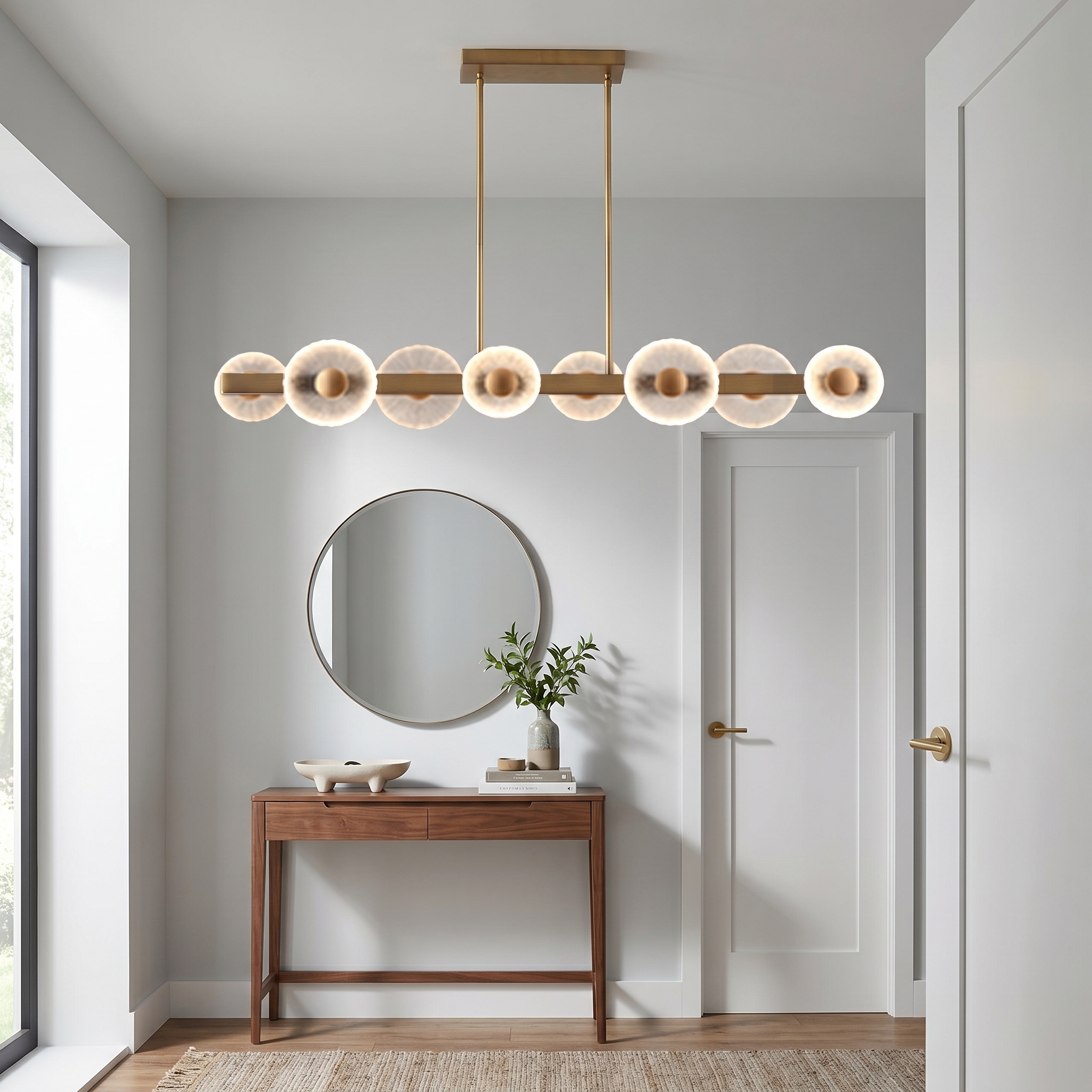 64W 5CCT Horiz Pendant, AGB w/ Clear Textured Glas