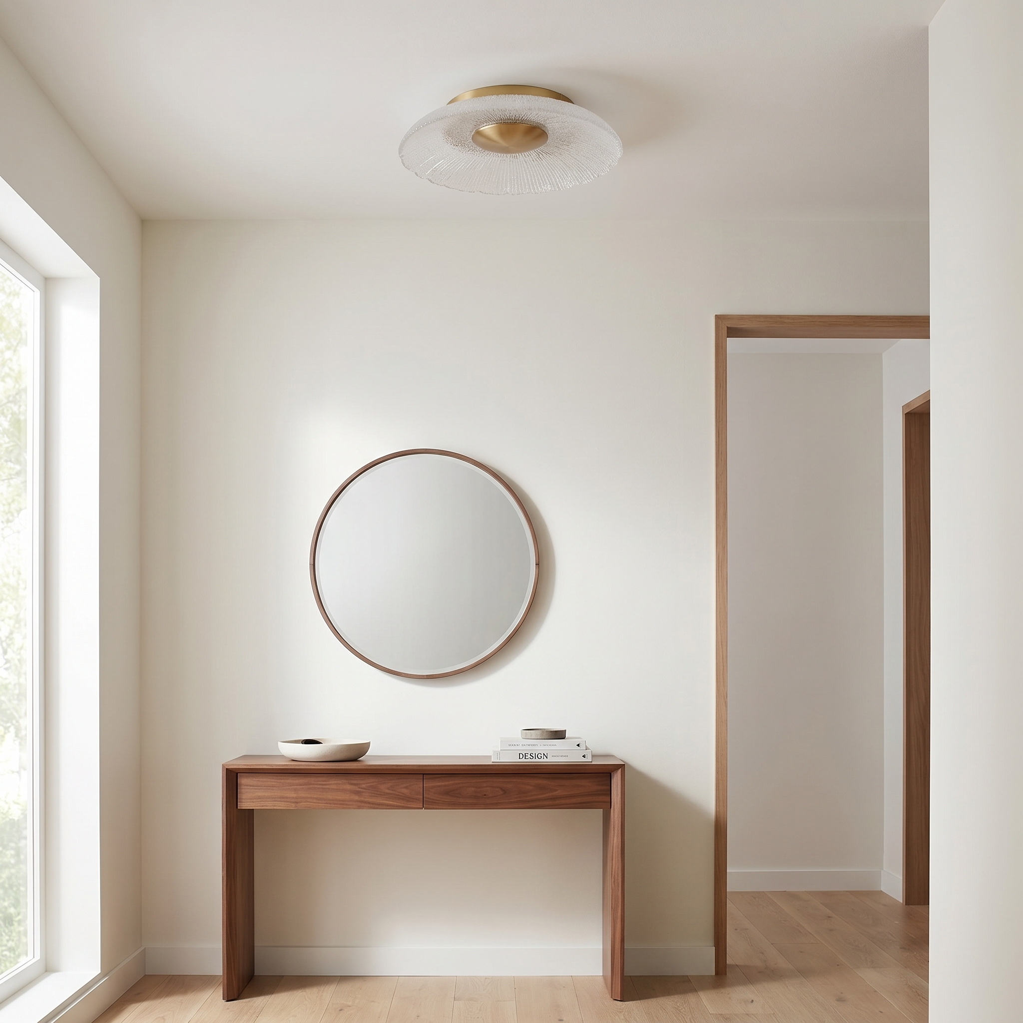 8W 5CCT Flush Mount, AGB w/ Clear Textured Glass
