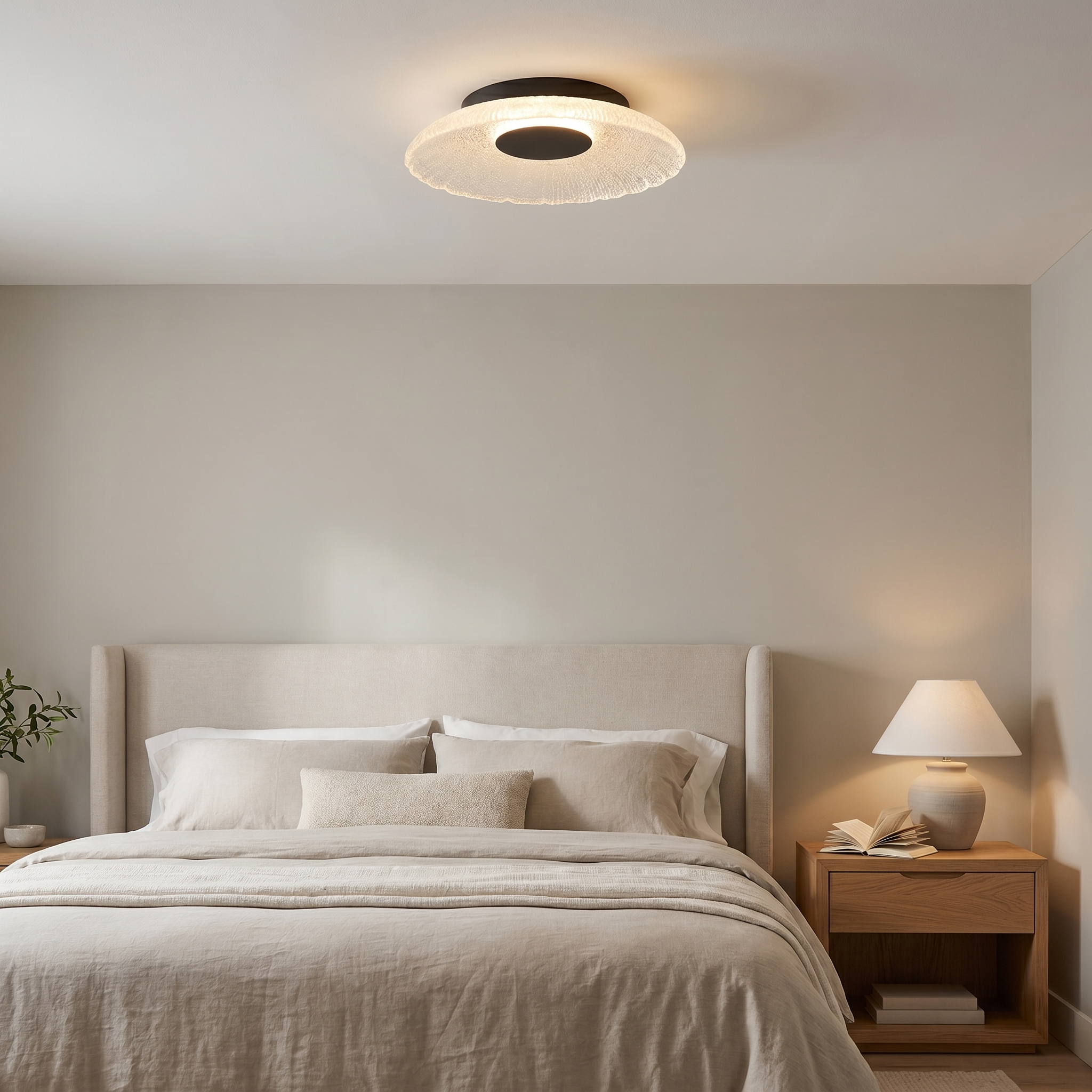 8W 5CCT Flush Mount, MB w/ Clear Textured Glass