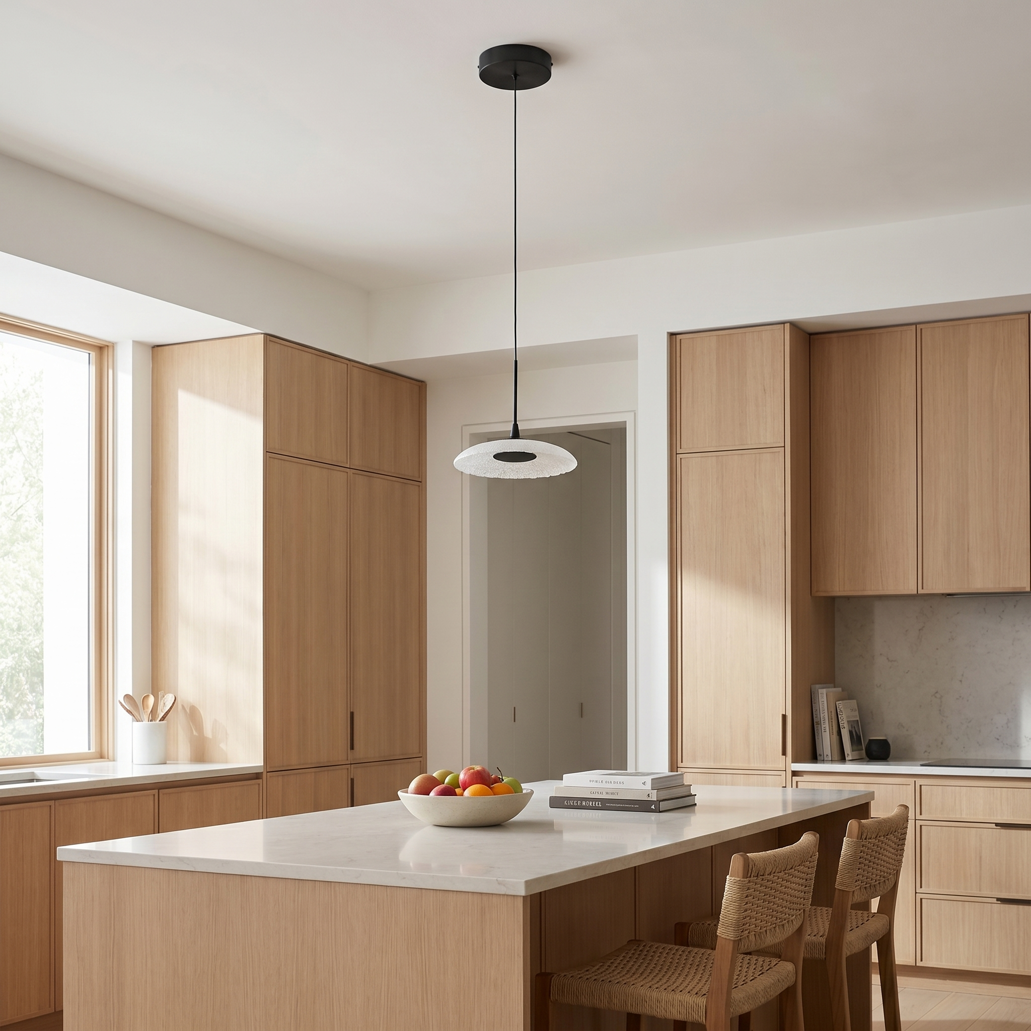 8W 5CCT Pendant, MB w/ Clear Textured Glass