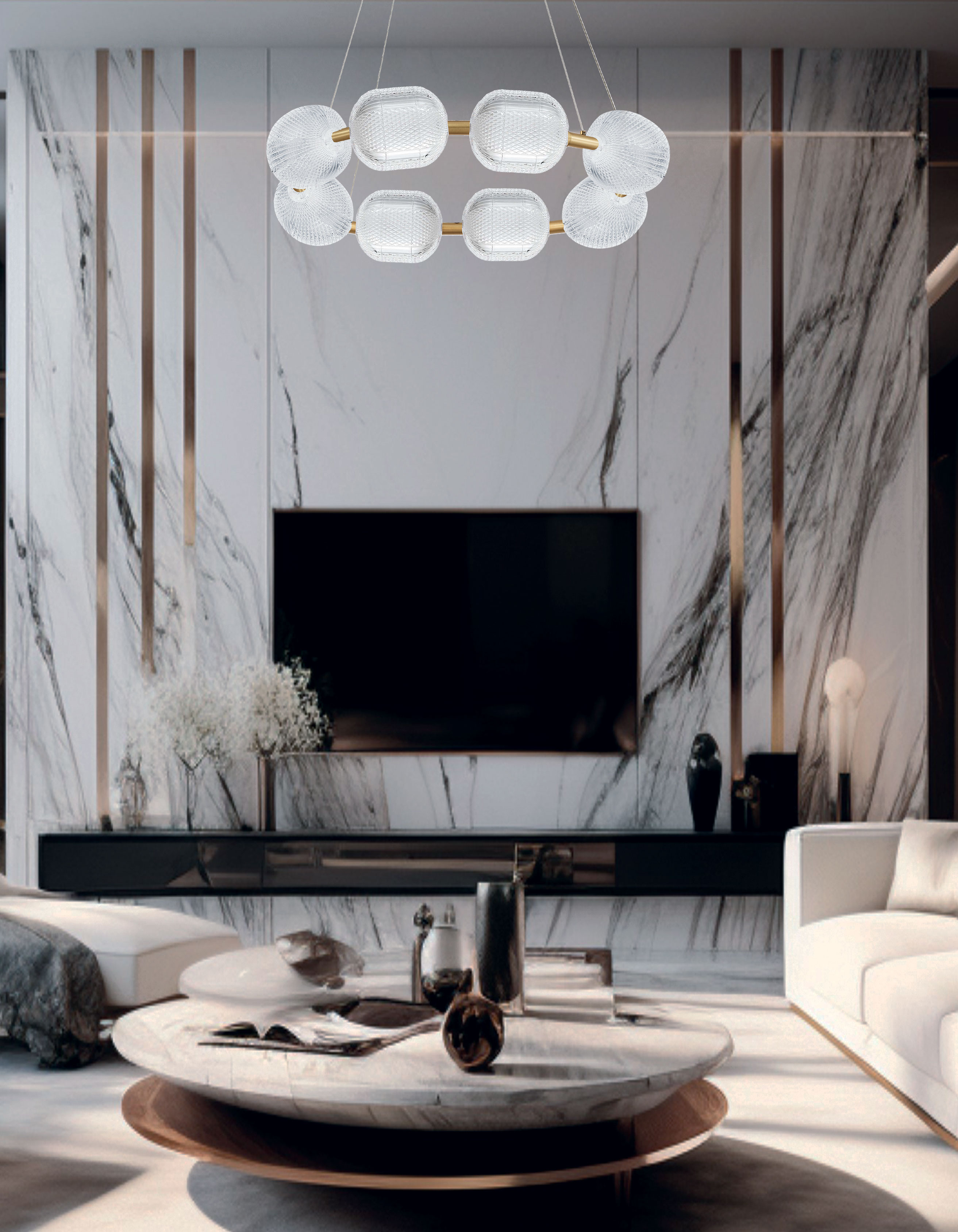 56W Chandelier, AGB w/ CLR Pattern Acrylic