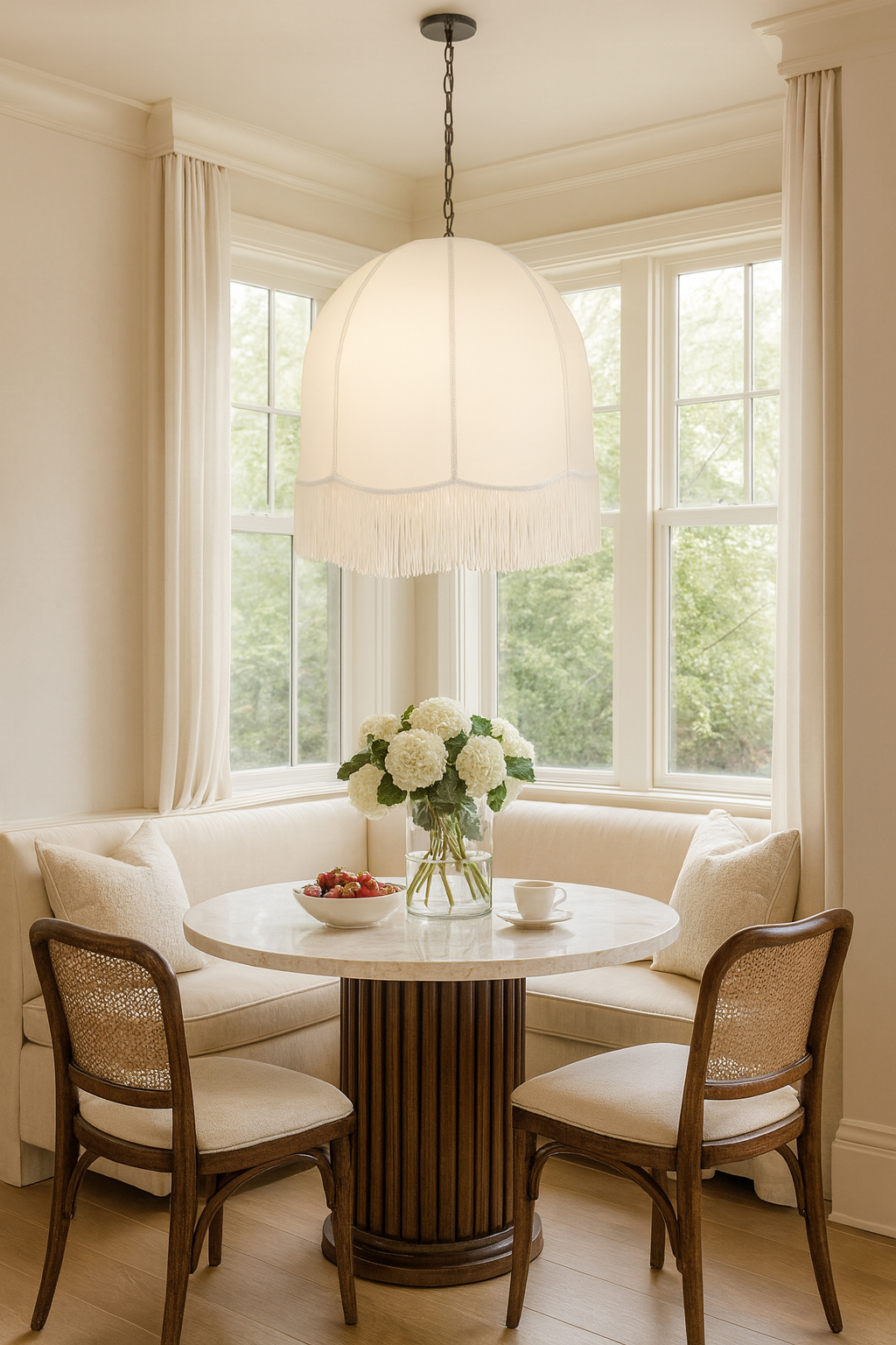 1LT Incandescent Pendant, MB w/ WH Fringe Shade