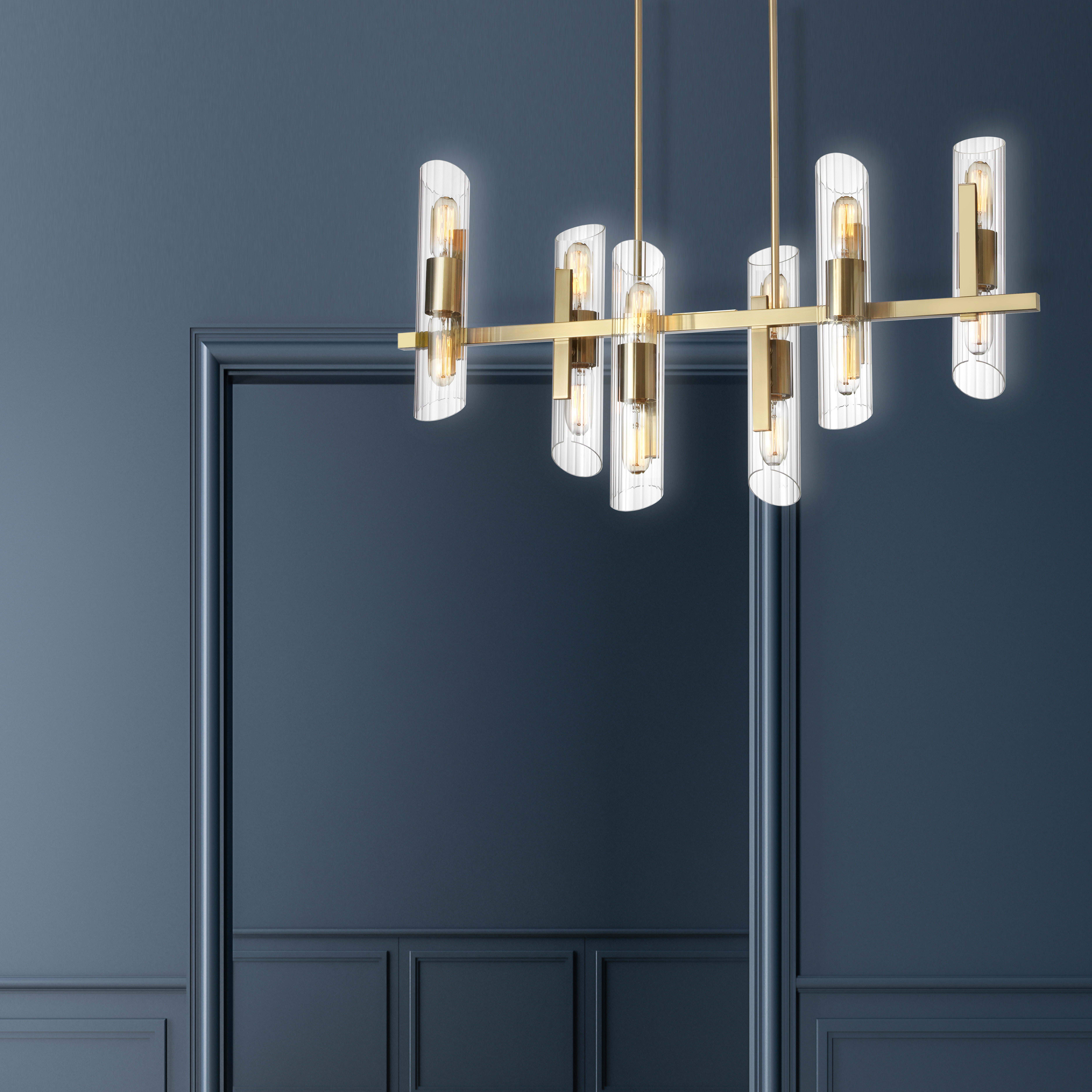 12LT Horiz Chandelier, AGB w/ Clear Fluted Glass