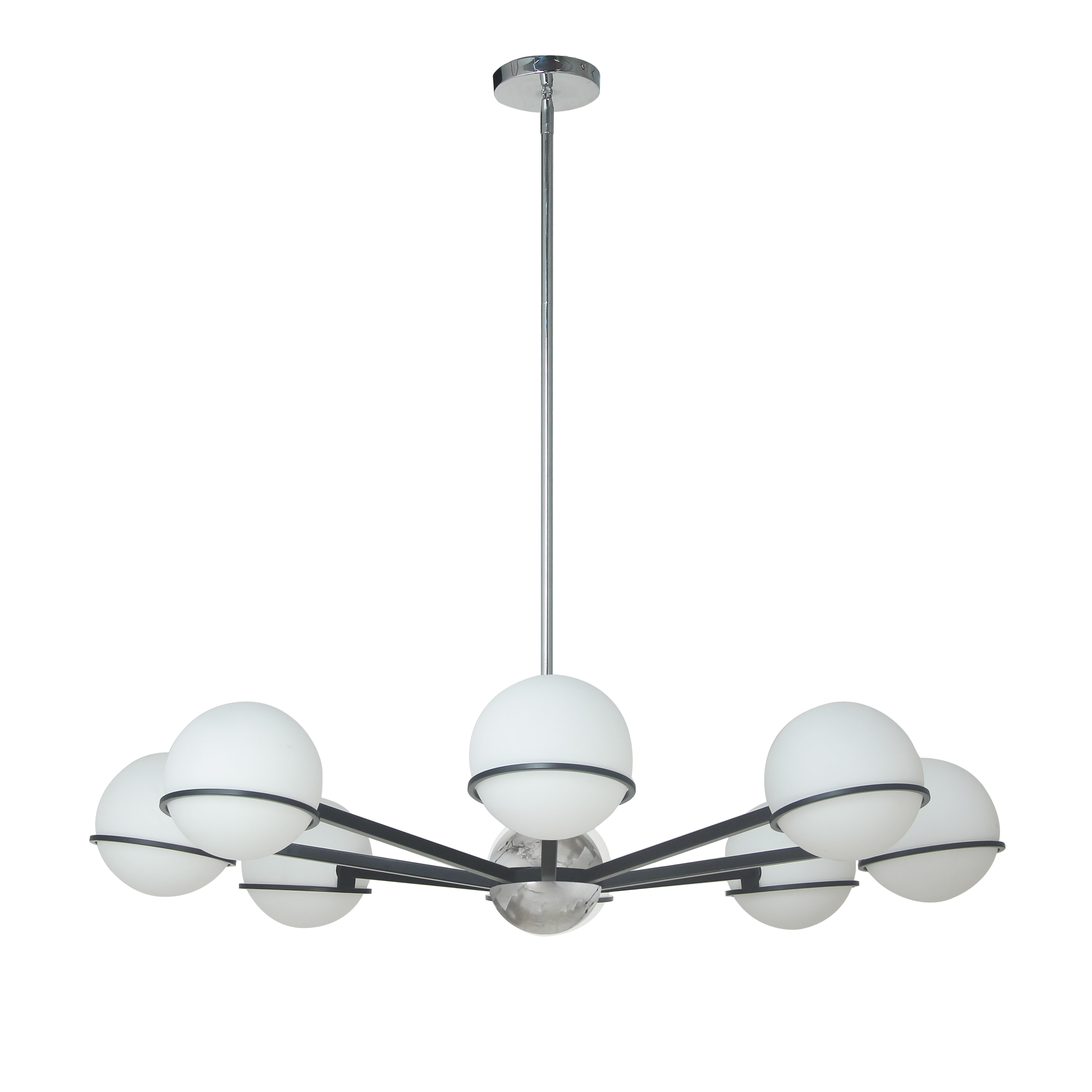 8LT Halogen Chandelier, MB/PC with WH Opal Glass