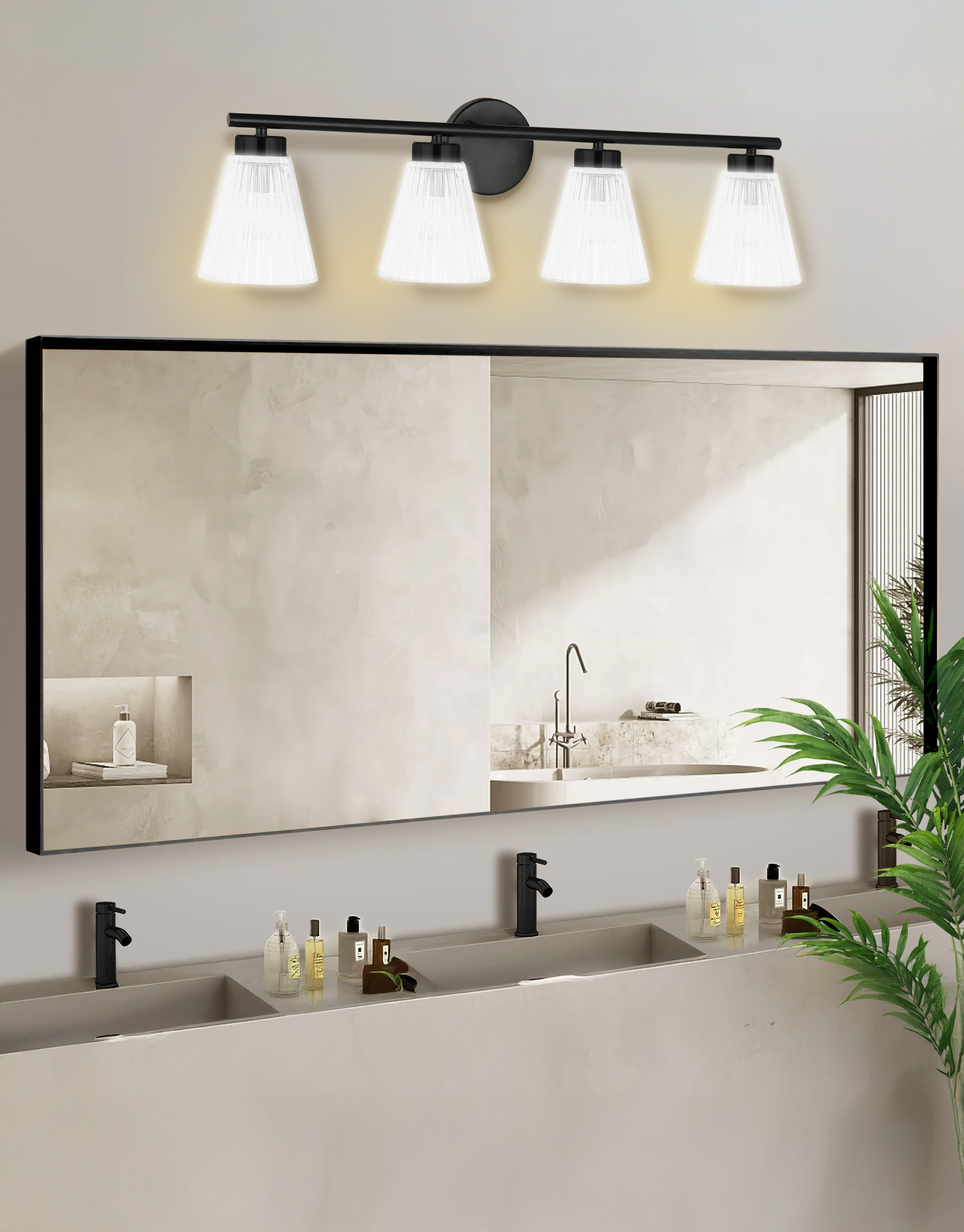 4LT Vanity, MB with CLR Ribbed Glass