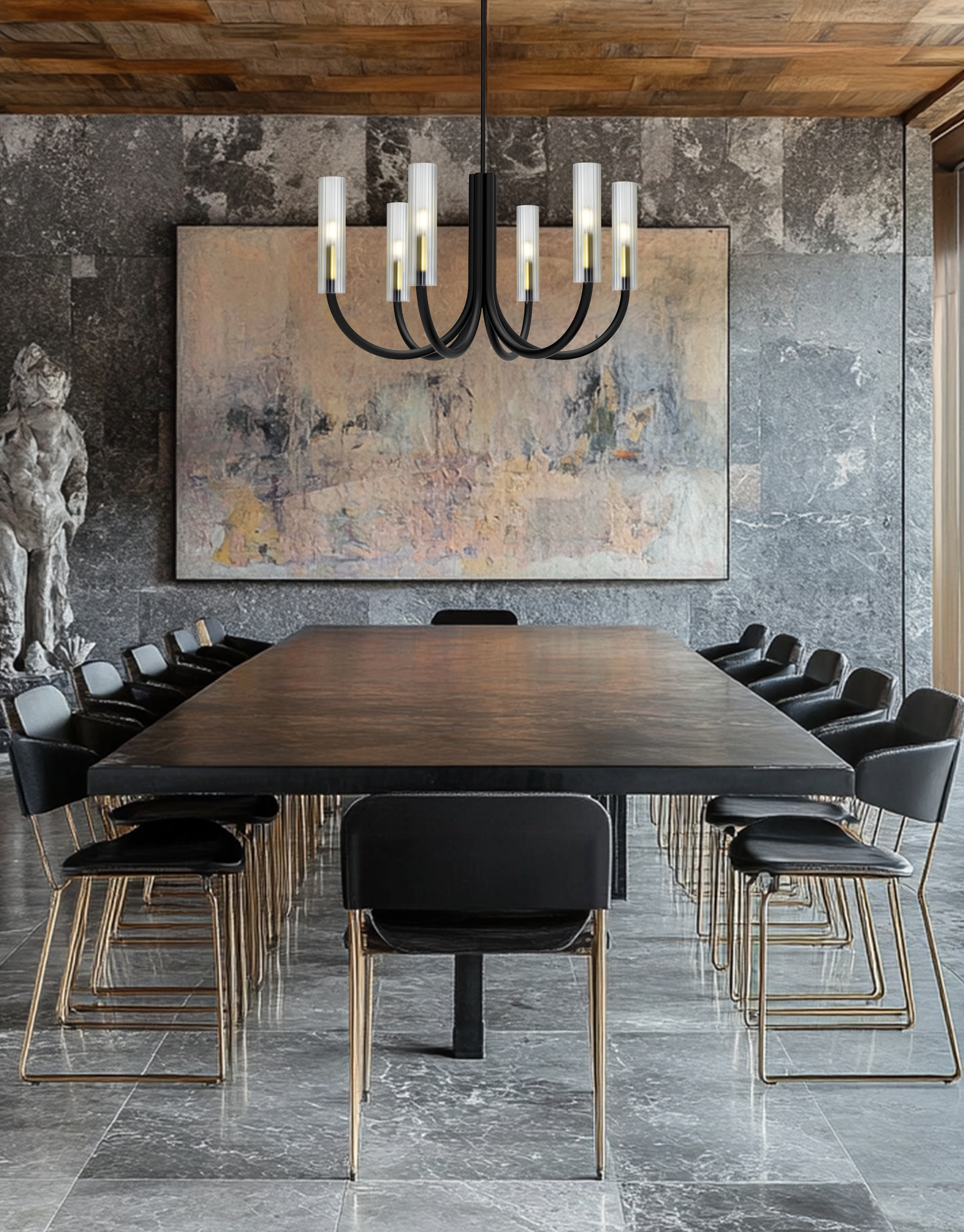 6LT Incandescent Chandelier, MB & AGB w/ FR Glass